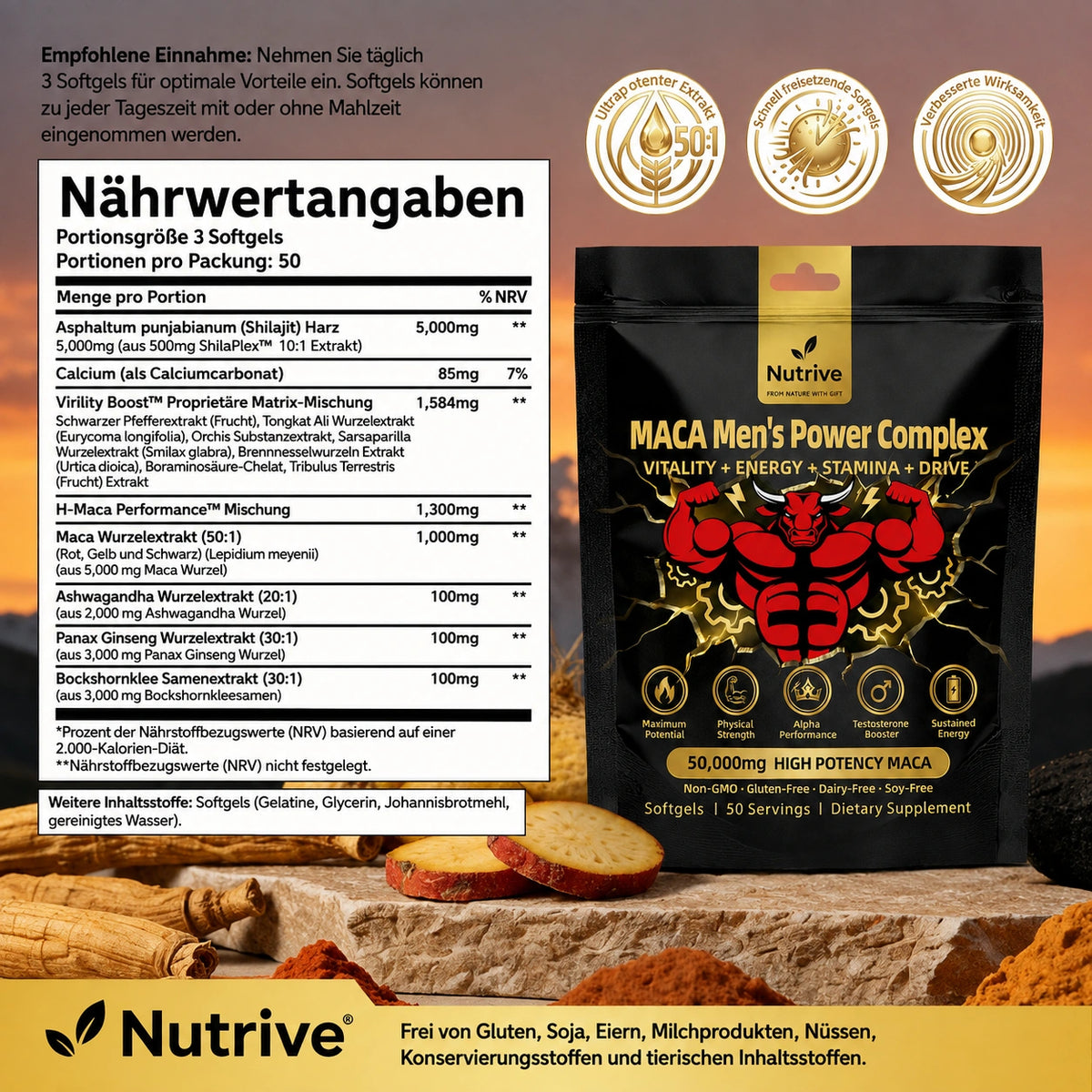 Testosteron-Booster für Männer – Power-Komplex zur Unterstützung mit Shilajit, Maca, Ashwagandha und Ginseng